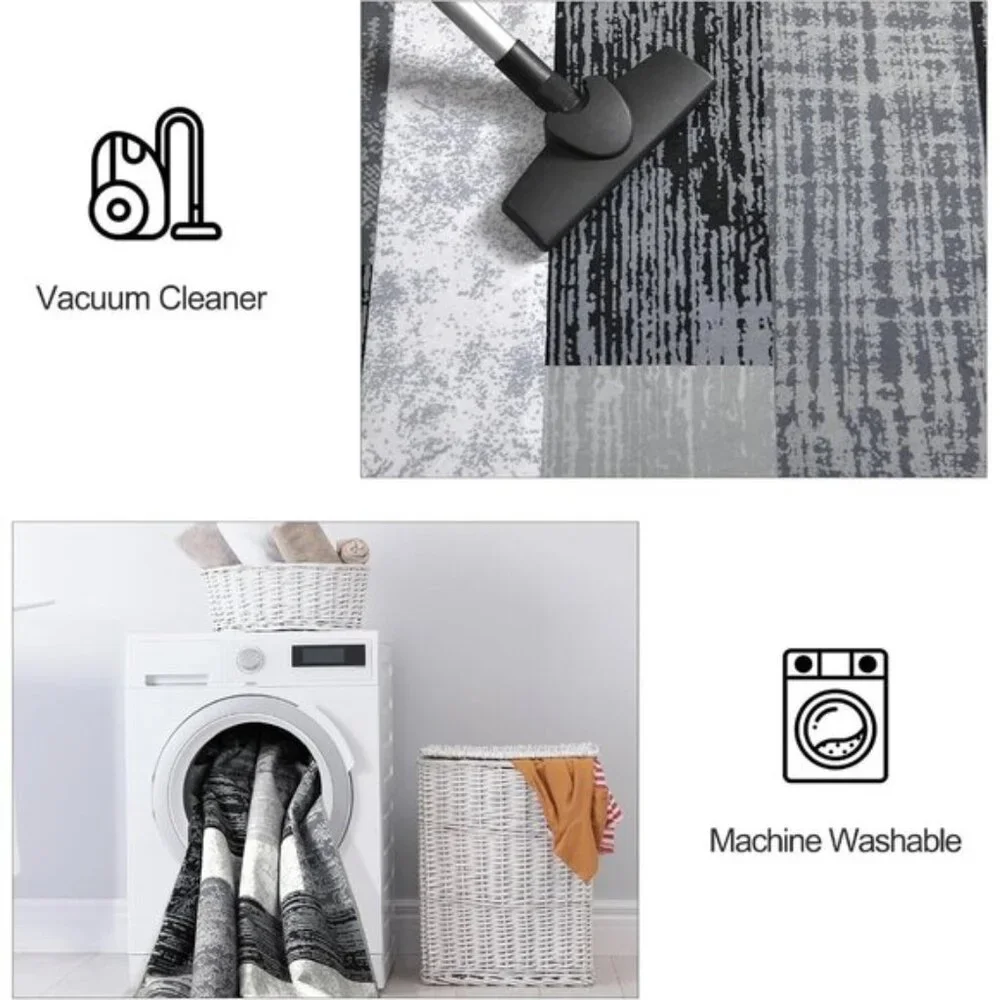 New 5x8 Grey Geometric Area Rug, Modern Patchwork Carpet for Home & Room Decor